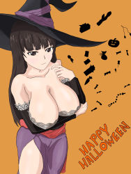 Rule 34 | 1girl, absurdres, arm under breasts, breast hold, breasts, brown eyes, brown hair, cleavage, dress, girls und panzer, halloween, halloween costume, happy halloween, hat, highres, large breasts, long hair, looking at viewer, mature female, nishizumi shiho, solo, witch hat, yagiyama hituzi
