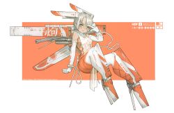 Rule 34 | 1girl, absurdres, closed mouth, copyright notice, highres, looking at viewer, mechanical legs, mechanical wings, ne baozi, original, rectangle, short hair, sitting, smile, solo, white background, white hair, wings, wire, writing