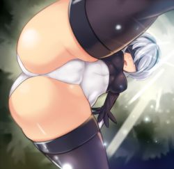 Rule 34 | 1girl, ass, ass focus, black dress, black hairband, black thighhighs, blindfold, breasts, dress, hairband, hinghoi, leotard, looking at viewer, looking down, medium breasts, mole, mole under mouth, nier (series), nier:automata, open mouth, panties, skindentation, thighhighs, underwear, upskirt, white hair, white leotard, white panties, 2b (nier:automata)