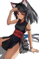 1girl absurdres animal_ear_fluff animal_ears black_hair cat_ears cat_girl cat_tail closed_mouth cowboy_shot dark-skinned_female dark_skin facial_mark fingernails forehead_mark highres long_hair multiple_tails nekomiya_mana parted_bangs ponytail red_eyes shadow simple_background sleeveless solo tail thomas_8000 two_tails white_background zenless_zone_zero