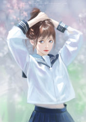 Rule 34 | 1girl, absurdres, arms up, artist name, blue eyes, blue sailor collar, blue skirt, brown hair, closed mouth, commentary, dated, english commentary, english text, highres, lips, long sleeves, looking at viewer, mars foong, original, photo-referenced, pleated skirt, sailor collar, school uniform, serafuku, shirt, skirt, solo, speedpaint, tying hair, white shirt