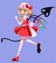 Rule 34 | 1girl, ascot, bat wings, blonde hair, bow, crystal, flandre scarlet, frilled shirt, frilled shirt collar, frilled skirt, frilled sleeves, frills, hanadi detazo, hat, hat ribbon, highres, laevatein (touhou), large bow, looking at viewer, mob cap, one side up, petticoat, red bow, red eyes, red ribbon, red skirt, red vest, retro artstyle, ribbon, shirt, short hair, side ponytail, skirt, skirt set, solo, touhou, vest, white bow, wings, yellow ascot