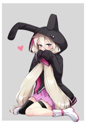 Rule 34 | 1girl, alternate costume, asymmetrical legwear, black jacket, blonde hair, blue eyes, blush, cevio, covering own mouth, hand over own mouth, heart, highres, ia (vocaloid), jacket, kneehighs, long hair, long sleeves, pink skirt, pleated skirt, single kneehigh, single sock, skirt, socks, very long hair, vocaloid, zooanime