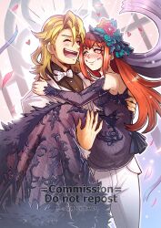 Rule 34 | 1boy, 1girl, amber (fire emblem), black dress, carrying, couple, dress, fire emblem, fire emblem engage, formal, gzei, hair ornament, hetero, highres, husband and wife, laughing, nintendo, panette (fire emblem), princess carry, smile, suit, wedding dress, white suit