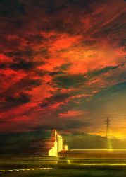 Rule 34 | 1boy, bicycle, building, cloud, cloudy sky, commentary request, factory, highres, male focus, mks, mountain, original, power lines, red sky, riding, riding bike, river, riverbank, road, scenery, sky, solo, sunlight, sunset, transmission tower