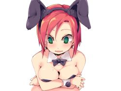 Rule 34 | 1boy, 1girl, animal ears, bare shoulders, blank censor, blush, breasts, censored, detached collar, fake animal ears, frfr, green eyes, hairband, hetero, highres, leotard, looking down, mole, mole on breast, open mouth, original, paizuri, penis, playboy bunny, pov, rabbit ears, short hair, simple background, smile, solo focus, white background, wrist cuffs