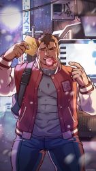 Rule 34 | absurdres, backpack, bag, bara, blush, box, box of chocolates, brown hair, building, commentary, english commentary, closed eyes, greek text, happy valentine, highres, holding, holding box, in mouth, jacket, large pectorals, letterman jacket, male focus, onionworkshop, original, pectorals, pointing, pointing at self, sign, sweater, thick thighs, thighs, translated, valentine, wifi symbol, wrinkled fabric