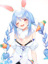 Rule 34 | 1girl, ;d, absurdres, animal ears, blue hair, braid, breasts, carrot hair ornament, commentary request, don-chan (usada pekora), food-themed hair ornament, fur scarf, hair ornament, highres, hololive, long hair, looking at viewer, medium breasts, multicolored hair, munseonghwa, one eye closed, open mouth, rabbit ears, red eyes, simple background, smile, solo, teeth, thick eyebrows, twin braids, two-tone hair, upper teeth only, usada pekora, usada pekora (1st costume), virtual youtuber, white background, white hair