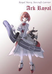 Rule 34 | 10s, 1girl, absurdres, ark royal (kancolle), blue eyes, bob cut, bow (weapon), character name, cleavage cutout, clothing cutout, compound bow, full body, gradient background, hairband, highres, kantai collection, long sleeves, looking at viewer, machinery, pantyhose, red hair, red ribbon, ribbon, rigging, selvalanch, short hair, smile, solo, standing, tiara, weapon, white pantyhose