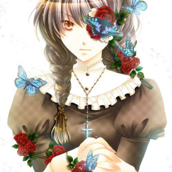 Rule 34 | 1girl, ascendancy, bad id, bad pixiv id, braid, brown hair, bug, butterfly, cross, eyepatch, flower, bug, jewelry, narita chika, necklace, original, praying, red flower, red rose, rosary, rose, solo