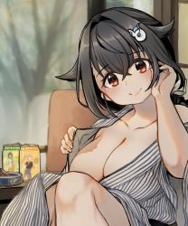 Rule 34 | 1girl, bath yukata, black hair, braid, breasts, can, cleavage, commentary request, hair flaps, hair ornament, hairclip, hand in own hair, highres, hiryuu (kancolle), japanese clothes, jewelry, jingei (kancolle), kantai collection, kimono, kirisawa juuzou, knees together feet apart, large breasts, long hair, looking at viewer, low ponytail, red eyes, ring, single braid, smile, solo, striped clothes, striped kimono, upper body, yukata, yura (kancolle)