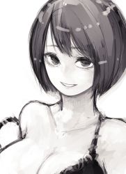 Rule 34 | 1girl, bob cut, bra, breasts, cleavage, lamb-oic029, large breasts, looking at viewer, no nose, original, short hair, simple background, smile, solo, underwear, upper body, white background