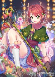Rule 34 | 1girl, bell, box, brown gloves, brown hair, christmas, copyright name, flower, gift, gift box, gloves, green eyes, green ribbon, hair ribbon, horns, official art, open mouth, ribbon, rod, sid story, sila (carpen), sitting, smile, snowflakes, solo, star (symbol)