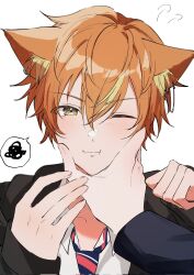 Rule 34 | 2boys, animal ears, aoyagi touya, blonde hair, cat boy, cat ears, closed mouth, commentary, diagonal-striped clothes, diagonal-striped necktie, ear piercing, green eyes, hair between eyes, hand on another&#039;s face, hands up, highres, kamiyama high school uniform (project sekai), long sleeves, looking at viewer, male focus, momiji 11 12, multicolored hair, multiple boys, necktie, one eye closed, orange hair, out of frame, piercing, project sekai, school uniform, shinonome akito, short hair, simple background, speech bubble, streaked hair, striped clothes, symbol-only commentary, two-tone hair, white background