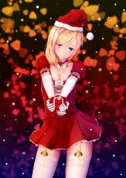 Rule 34 | 1girl, bell, blonde hair, blue eyes, blush, box, breasts, caeruleus, cleavage, detached collar, elbow gloves, garter straps, gift, gift box, gloves, hat, highres, lace, lace-trimmed legwear, lace-up top, lace trim, rodney (warship girls r), santa hat, skirt, small breasts, solo, thighhighs, warship girls r, white gloves, white thighhighs