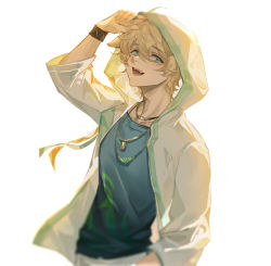 Rule 34 | 1boy, animal ears, arknights, black wristband, blonde hair, blue eyes, blue shirt, collarbone, commentary request, dog boy, dog ears, highres, hood, hood up, hooded jacket, jacket, jewelry, long sleeves, male focus, necklace, open clothes, open jacket, open mouth, shirt, simple background, smile, solo, teeth, tequila (arknights), tuzhate, upper body, white background, white jacket