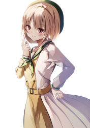 Rule 34 | 1girl, artist name, artist request, asymmetrical sleeves, belt, beret, blush, breasts, brown hair, buttons, collarbone, dress, dress shirt, female focus, green hat, green neckerchief, grey hair, hand on own hip, hat, highres, layered skirt, light brown hair, long sleeves, looking at viewer, love live!, love live! nijigasaki high school idol club, love live! school idol festival, miniskirt, mirai harmony, mismatched sleeves, nakasu kasumi, neckerchief, parted lips, pink eyes, plaid, plaid skirt, pleated, pleated skirt, purple eyes, sailor collar, sailor dress, shirt, short hair, skirt, small breasts, smile, solo, striped clothes, striped skirt, two-tone dress, two-tone skirt, white background, white sailor collar, white shirt, white skirt, yellow belt, yellow shirt, yellow skirt