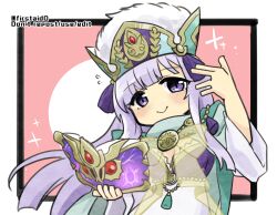 Rule 34 | 1girl, alternate costume, book, breasts, chibi, cleavage, fire emblem, fire emblem: genealogy of the holy war, fire emblem heroes, hand up, hat, holding, holding book, julia (fire emblem), julia (scion) (fire emblem), long hair, looking at viewer, nintendo, official alternate costume, purple eyes, purple hair, see-through, simple background, small breasts, smile, solo, yukia (firstaid0)