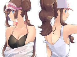 Rule 34 | 2girls, armpits, bad id, bad pixiv id, bare arms, bare shoulders, baseball cap, black bra, blue eyes, blush, bow, bra, breasts, brown hair, cleavage, closed mouth, collarbone, creatures (company), dark brown hair, double bun, ears, female focus, flat chest, game freak, hair bun, hat, highres, hilda (pokemon), imminent kiss, imminent penetration, implied yuri, light blush, long hair, looking at viewer, looking back, low twintails, matching hair/eyes, medium breasts, multiple girls, neck, nintendo, open mouth, pokemon, pokemon bw, pokemon bw2, ponytail, ririmon, rosa (pokemon), shirt, simple background, single hair bun, sleeveless, sleeveless shirt, smile, strap slip, tank top, twintails, undershirt, underwear, undressing, upper body, visor cap, white background, white shirt, white tank top