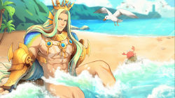 Rule 34 | 1boy, abs, bara, bare pectorals, beach, blonde hair, convenient censoring, crown, fins, fish tail, gauntlets, green hair, gyee, head fins, highres, jewelry, large pectorals, long hair, looking at viewer, male focus, merman, monster boy, multicolored hair, muscular, muscular male, navel, necklace, nipples, official art, pectorals, sitting, solo, stomach, tail, thighs, triton (gyee), two-tone hair, water, wet, zifu