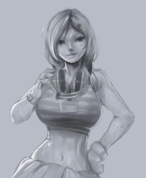 Rule 34 | 1girl, alternate breast size, blue theme, breasts, cleavage, crop top, gloves, hand on own hip, headphones, highres, jiffic, large breasts, looking at viewer, metal gear (series), metal gear rising: revengeance, midriff, monochrome, name tag, narrow waist, parted bangs, short hair, simple background, sketch, solo, striped, sunny gurlukovich, sweat, tank top