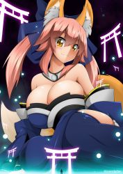 Rule 34 | 10s, 1boy, 1girl, absurdres, animal ears, blue bow, blush, bow, breasts, cleavage, closed mouth, detached collar, detached sleeves, fate/extra, fate (series), fox ears, fox tail, giant, giantess, hair between eyes, hair bow, hair ribbon, highres, huge breasts, japanese clothes, kishinami hakuno (male), large bow, long hair, looking at another, looking down, moralgear, pink hair, ribbon, sidelocks, sitting, skindentation, smile, solo focus, tail, tamamo (fate), tamamo no mae (fate/extra), torii, twintails, yellow eyes, yokozuwari