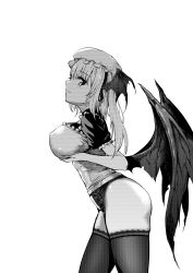 Rule 34 | 1girl, 625214684, absurdres, black souls, breast lift, breasts, chinese commentary, cleavage, covered erect nipples, demon girl, demon wings, frilled sleeves, frills, from side, garter straps, greyscale, hair between eyes, hair ribbon, hat, head wings, highres, lace, lace-trimmed legwear, lace panties, lace trim, large breasts, long hair, mob cap, monochrome, open mouth, panties, puffy short sleeves, puffy sleeves, ribbon, short sleeves, side ponytail, sideways mouth, simple background, skindentation, solo, thighhighs, thighs, underwear, victoria (black souls), white background, wings