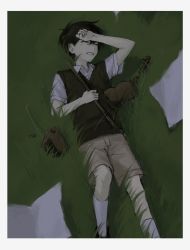 Rule 34 | 1boy, arm on own head, black hair, black sweater vest, border, bow (music), broken instrument, brown shorts, clenched teeth, closed eyes, collared shirt, crying, feet out of frame, grass, hai (haihki), highres, holding, holding bow (music), instrument, knee up, kneehighs, lying, male focus, omori, on back, paper, parted lips, sad, sheet music, shirt, short hair, short sleeves, shorts, socks, solo, sunny (omori), sweater vest, teeth, violin, white border, white shirt, white socks, wing collar