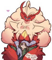 Rule 34 | 1boy, 1girl, animal hands, arms up, bags under eyes, bandaid, bandaid on face, bandaid on nose, big hair, blaziken, blonde hair, blue eyes, blush, body fur, breasts, brown hair, colored sclera, couple, creatures (company), dorianm bc, english text, eye contact, fluffy, furry, furry female, furry with non-furry, game freak, gen 3 pokemon, green jacket, half-closed eyes, hand on another&#039;s head, heart, interspecies, jacket, large breasts, long sleeves, looking at another, looking down, looking up, neck fur, nintendo, original, outstretched arms, pokemon, pokemon (creature), profanity, red fur, simple background, size difference, speech bubble, spread arms, talking, teeth, thick thighs, thighs, two-tone fur, white background, wide hips, yellow fur, yellow sclera
