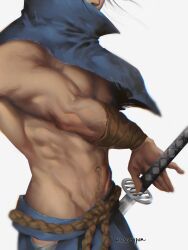 Rule 34 | 1boy, bara, cowboy shot, fighting stance, groin, head out of frame, highres, holding, holding sword, holding weapon, league of legends, muscular, muscular male, navel, noomppan, pectoral cleavage, pectorals, ready to draw, shredded muscles, solo, sparse navel hair, sword, triceps, veiny crotch, weapon, yasuo (league of legends)