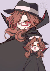 Rule 34 | 1girl, absurdres, black cape, black headwear, blush, blush stickers, brown hair, buttons, cape, collared cape, glasses, grey background, hat, highres, looking at viewer, low ponytail, low twintails, medium hair, mizoreshi, numbered, open mouth, orange eyes, ponytail, red-framed eyewear, semi-rimless eyewear, simple background, tongue, touhou, twintails, usami sumireko