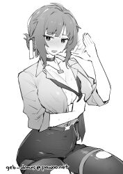 Rule 34 | 1girl, blush, breasts, choker, cleavage, commission, fanning self, ge-b, girls&#039; frontline, greyscale, grizzly mkv (elite on patrol) (girls&#039; frontline), grizzly mkv (girls&#039; frontline), highres, holding necktie, jewelry, large breasts, loose necktie, monochrome, necklace, necktie, official alternate costume, open mouth, pantyhose, partially unbuttoned, pencil skirt, shirt, short hair, sidelocks, simple background, sitting, skirt, solo, sweat, torn clothes, torn pantyhose, unbuttoned, unbuttoned shirt