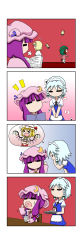 Rule 34 | &gt; &lt;, 4girls, 4koma, = =, absurdres, alice margatroid, animal ears, apron, black neckwear, blonde hair, blouse, blue dress, blue vest, blunt bangs, book, bow, braid, capelet, card, chibi, comic, crescent, crescent hair ornament, cup, dress, drinking glass, fangs, flandre scarlet, flying sweatdrops, from side, green hair, hair bow, hair ornament, hairband, hat, head wreath, highres, holding, holding tray, hug, izayoi sakuya, kasodani kyouko, lily white, long sleeves, maid headdress, medicine bottle, mob cap, multiple girls, necktie, o o, open book, open mouth, patchouli knowledge, pill, pink shirt, playing card, puff of air, puffy short sleeves, puffy sleeves, purple hair, rakugaki-biyori, rapeseed blossoms, red vest, robe, shaded face, shanghai doll, shirt, short hair, short sleeves, silent comic, silver hair, skin fangs, skirt, solid oval eyes, speech bubble, spoken character, striped clothes, striped dress, sweatdrop, tail, touhou, tray, twin braids, v arms, vest, waist apron, walking, white skirt, wings