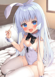 Rule 34 | 1girl, arm up, asa no ha (awayuki), bare shoulders, bed, bedroom, blue eyes, blush, bow, breasts, cleavage, covered navel, detached collar, grey hair, hair bow, highleg, highleg leotard, indoors, leotard, long hair, looking at viewer, mimikaki, no shoes, open mouth, original, pillow, playboy bunny, ribbon, sitting, small breasts, smile, solo, strapless, strapless leotard, thighhighs, thighs, white leotard, white thighhighs, window, wrist cuffs