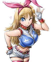 Rule 34 | 1girl, amania orz, belt, blonde hair, blue eyes, blush, breasts, closed mouth, gundam, hair ribbon, kikka kitamoto, large breasts, long hair, looking at viewer, midriff, mobile suit gundam, navel, aged up, one eye closed, ribbon, shorts, simple background, smile, solo, thighhighs, white background