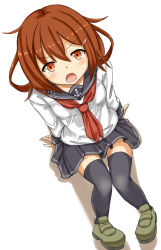 Rule 34 | 10s, 1girl, brown eyes, brown hair, emeralda121, fang, hair ornament, hairclip, highres, ikazuchi (kancolle), kantai collection, looking at viewer, looking up, open mouth, personification, pleated skirt, school uniform, serafuku, short hair, skirt, smile, solo, thighhighs, torone (emerada121), zettai ryouiki