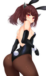 Rule 34 | 1girl, animal ears, ass, back, black gloves, black leotard, blush, breasts, brown hair, brown pantyhose, commentary request, cowboy shot, daichi (tokoya), detached collar, elbow gloves, fake animal ears, fake tail, from behind, gloves, headgear, highres, leotard, looking at viewer, looking back, medium hair, o3o, pantyhose, playboy bunny, rabbit ears, rabbit tail, red eyes, simple background, small breasts, solo, strapless, strapless leotard, tail, touhoku kiritan, two side up, voiceroid, white background, wrist cuffs