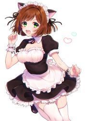 Rule 34 | 1girl, alternate costume, apron, breasts, brown hair, cleavage, enmaided, fang, fang out, frilled hairband, frills, green eyes, hairband, heart, idolmaster, idolmaster cinderella girls, leg up, looking at viewer, maekawa miku, maid, maid apron, maid headdress, medium breasts, open mouth, puffy short sleeves, puffy sleeves, shoes, short hair, short sleeves, solo, thighhighs, usano, white background, wrist cuffs