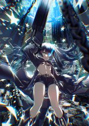 Rule 34 | 1girl, black rock shooter, black rock shooter: dawn fall, black rock shooter (character), blue eyes, chain, ekm, long hair, looking at viewer, scar, shorts, solo, twintails, weapon