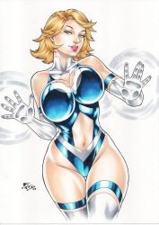 Rule 34 | 1990s (style), 1girl, alternate costume, blonde hair, blue eyes, blue leotard, boots, breasts, breasts squeezed together, clothing cutout, curvy, dated, elbow gloves, fantastic four, female focus, fighting stance, gloves, highleg, highleg leotard, highres, large breasts, leotard, lips, lipstick, long hair, looking at viewer, makeup, marvel, navel, navel cutout, official alternate costume, red lips, retro artstyle, revealing clothes, shiny skin, skindentation, smile, solo, sue storm, thick thighs, thighhighs, thighlet, thighs, thong leotard, white gloves, wide hips