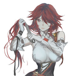 Rule 34 | 1girl, bare shoulders, breasts, brooch, closed mouth, curvy, cutting hair, dagger, elbow gloves, genshin impact, gloves, habit, highres, jewelry, knife, large breasts, red eyes, red hair, rosaria (genshin impact), simple background, skirt, sleeveless, sleeveless turtleneck, solo, turtleneck, upper body, weapon, white background, zxcqxxw