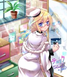 Rule 34 | 1girl, ass, blonde hair, blue eyes, breasts, capelet, dress, glasses, hat, highres, i-8 (kancolle), indoors, izumi shara, kantai collection, large breasts, low twintails, mirror, official alternate costume, red-framed eyewear, reflection, sailor hat, semi-rimless eyewear, solo, twintails, under-rim eyewear, white capelet, white dress, white hat