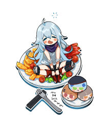Rule 34 | 1girl, absurdres, blue hair, blush stickers, boots, character doll, closed mouth, food, fork, fruit, g11 (girls&#039; frontline), girls&#039; frontline, highres, hk416 (girls&#039; frontline), indian style, knee pads, long hair, mush, open mouth, plate, simple background, sitting, solo, ump45 (girls&#039; frontline), ump9 (girls&#039; frontline), white background