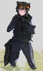 Rule 34 | 1girl, absurdres, aiming, animal ears, black gloves, blush, bodysuit, brown eyes, brown hair, bulletproof vest, cat ears, closed mouth, diving suit, facial mark, gloves, goggles, goggles on head, gun, highres, holding, holding gun, holding weapon, load bearing vest, orange-tinted eyewear, original, polilla, rifle, sig mcx, solo, standing, submachine gun, suppressor, tactical clothes, tinted eyewear, weapon, wetsuit, whisker markings