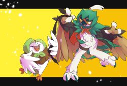 Rule 34 | animal focus, arm up, bird, clothed pokemon, commentary request, creatures (company), dartrix, decidueye, game freak, gen 7 pokemon, highres, jacket, letterboxed, looking down, nintendo, no humans, open clothes, open jacket, open mouth, owl, pkpokopoko3, pokemon, pokemon (creature), talons, tongue, two-tone background, yellow eyes
