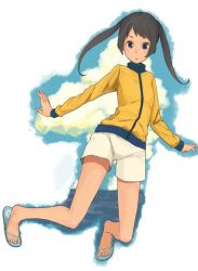 Rule 34 | asamoto, blue eyes, jacket, open mouth, sandals, shorts, solo, twintails