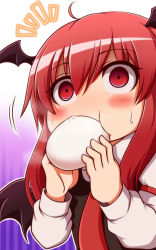 Rule 34 | 1girl, ahoge, bat wings, blush, chibi, commentary request, dumpling, eating, empty eyes, food, food in mouth, head wings, highres, holding, holding food, koakuma, long sleeves, red eyes, red hair, solo, sweatdrop, tottsuman, touhou, upper body, wings