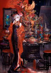 Rule 34 | 1girl, absurdres, aqua nails, bare shoulders, bird, black dress, black hat, blush, braid, breasts, candle, candlestand, chinese clothes, claw ring, coat, crown braid, cup, dalachi (headdress), dress, fish (food), flower, food, fruit, fur-trimmed coat, fur trim, fuzichoco, goldfish heels, grapes, grey hair, hair flower, hair ornament, hat, highres, holding, holding food, holding fruit, hotpot, indoors, lazy susan, long dress, looking at viewer, lotus, medium breasts, multicolored nails, nail polish, off shoulder, open clothes, open coat, original, ornate, peach, phoenix, plate, print dress, red coat, red eyes, side slit, sidelocks, sleeveless, sleeveless dress, solo, standing, standing on one leg, stepping on clothes, stool, teacup, teapot, vase