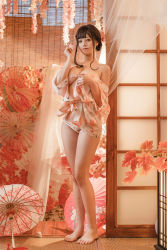 Rule 34 | 1girl, bare back, bare legs, bare pectorals, bare shoulders, barefoot, breasts, chinese (nationality), cosplay, curly hair, curtains, flower, flower on head, flower print, flowers in hair, highres, indoors, japanese clothes, japanese house, large breasts, leaf, long image, mizhimaomao, mizhimaoqiu, nail polish, pectorals, photo (medium), pointing, real life, standing, tagme, umbrella, undressing, white nails