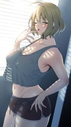Rule 34 | 1girl, absurdres, ahoge, amano don, anis (nikke), backlighting, bare shoulders, black shorts, blush, breasts, brown eyes, brown hair, cleavage, collarbone, crop top, crop top overhang, dolphin shorts, goddess of victory: nikke, grey tank top, hair ornament, highres, large breasts, looking at viewer, navel, one eye closed, open mouth, short hair, short shorts, shorts, solo, sweat, tank top, tearing up, thighs, window, yawning